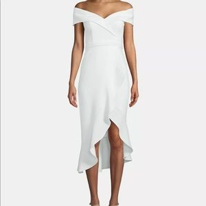 Xscape Womens Off-The-Shoulder Flounce Midi Dress